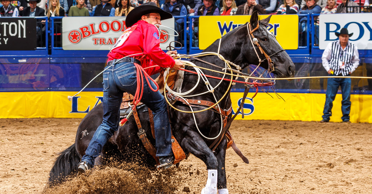 Haven merged, getting off his black horse at the NFR in a red shirt, holding a rope.